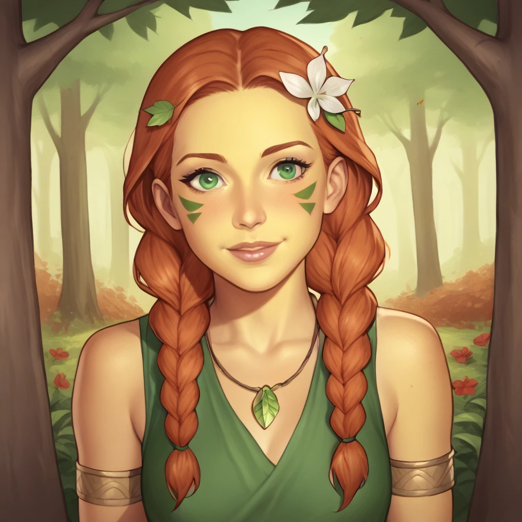 (((beautiful, high quality, perfect eyes, comics style, semi-realistic, detailed face))), bust shoot, score_9, score_8_up, score_7_up, | solo, 1 woman, skinny, 19 years old, ((pale yellow skin)), high cheekbones, perfect round mint green eyes, (wood nymph), light green facepaint, facial mark, tribal, wear a sleeveless dress, straw color dress, autumn leaves covered dress, druid necklace, druid armlet, long ginger hair, twin braids, two long braids, (many red flowers on hair), shy smile, (((action pose))), | outdoor, fantasy background, autumn, boreal forest, insects, wind blowing, easynegative, JIM EIDOMODE, Dungeons and Dragons 5th edition style illustration,