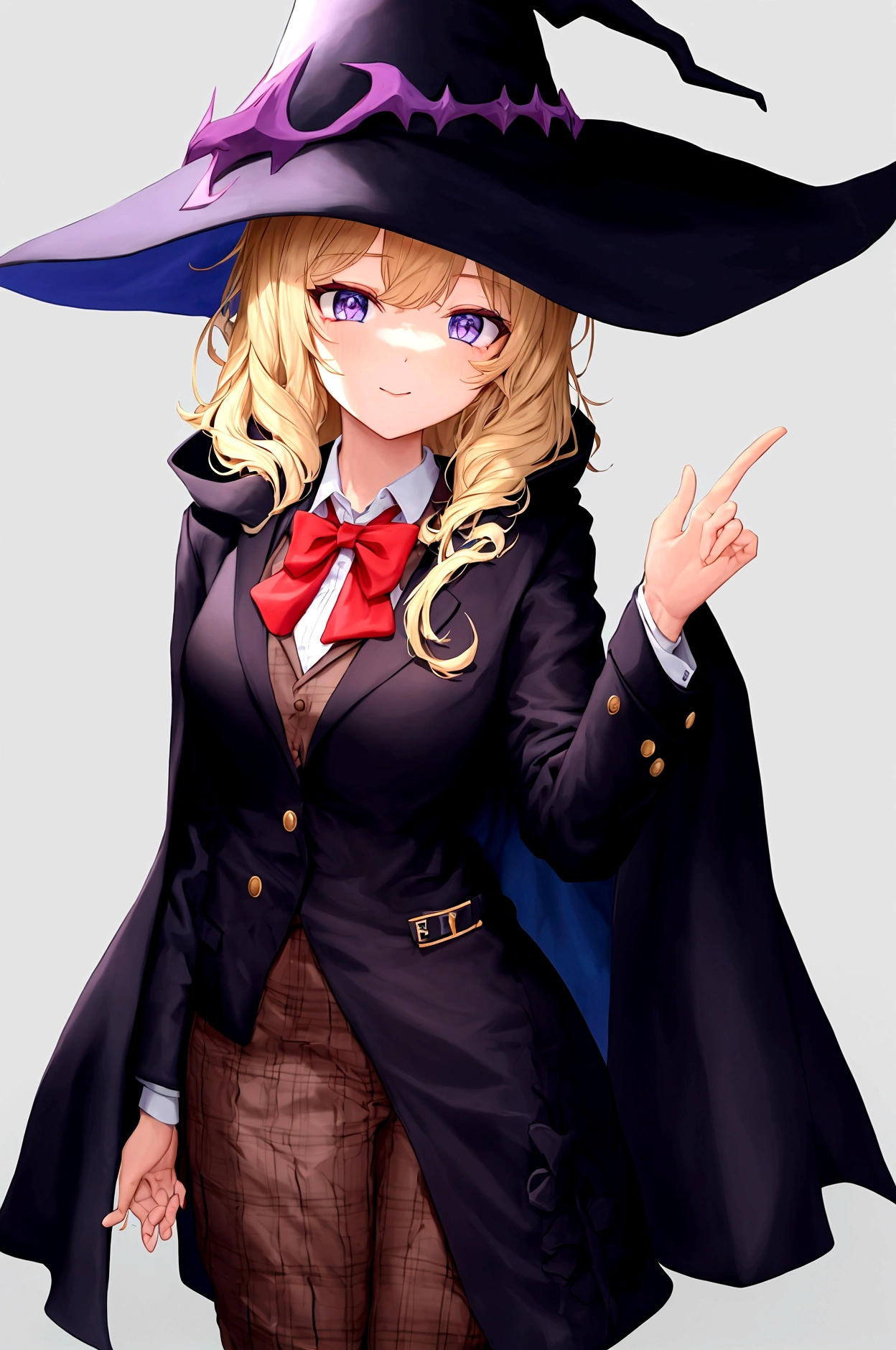 wearing blazer and cloak and witch hat,top and fee