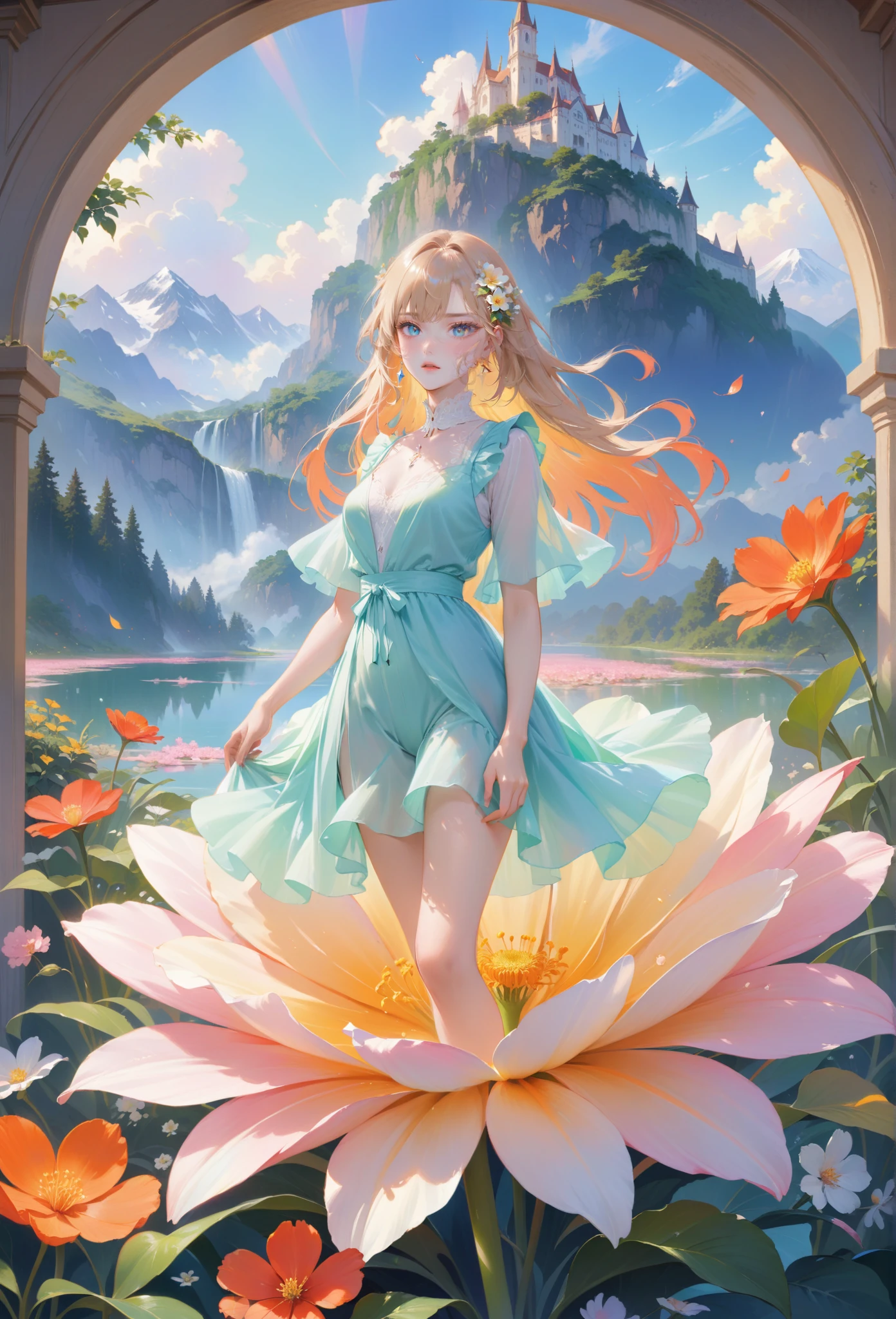 (best quality,4k,8k,highres,masterpiece:1.2),1girl,standing on giant flower,oversized_flower,on_flower,ultra-detailed,realistic:.75,delicate,vibrant color palette,ethereal atmosphere,peaceful,serene,soft sunlight filtering through colored glass,lush greenery,vividly colored blossoms,transcendent beauty,awe-inspiring artwork,face focus,dsmile:.25,