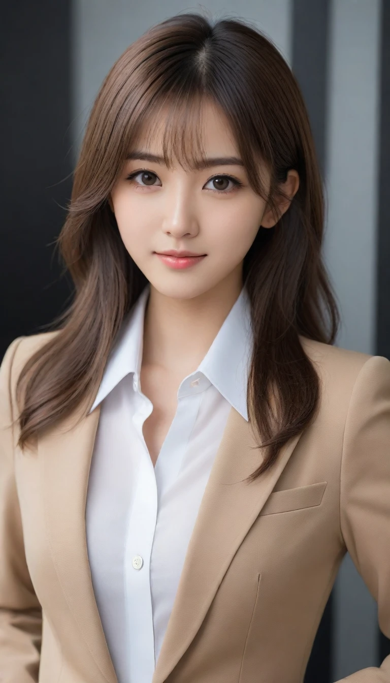8K, Ultra-high resolution, Highest quality, masterpiece, 三分割法によるphotograph,Surreal, photograph, 1 Girl, (16 years old:1.3), pretty girl, Cute face, Beautiful eyes in every detail, 細かくdetailedに,masterpiece,One Girl:1.2, Japan Female Announcer,Tabletop,glaring,light brown disheveled hair,Blazer uniform,White collared blouse,The buttons on the chest are open,Sharp focus、Perfect dynamic composition、Beautiful and detailed、Thin Hair、Detailed real skin texture、smile、Close-up portrait、Model Body Type,Looking at the audience、beauty,Long neck、(((Ideal body type))),A cup small breasts :2,、Portraiture:2、Perfect Anatomy、なdetailed、detailed、Surreal、Light and shadow,Strong light