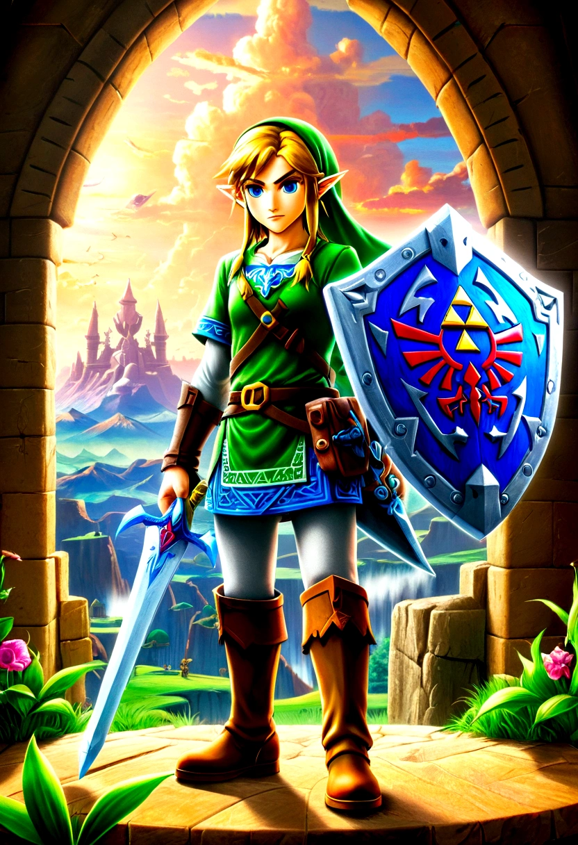 The Legend of Zelda, game style, by Anne Stokes, full body, cinematic still, cinemascope, best quality, masterpiece, very aesthetic, perfect composition, intricate details, ultra-detailed, vivid colors