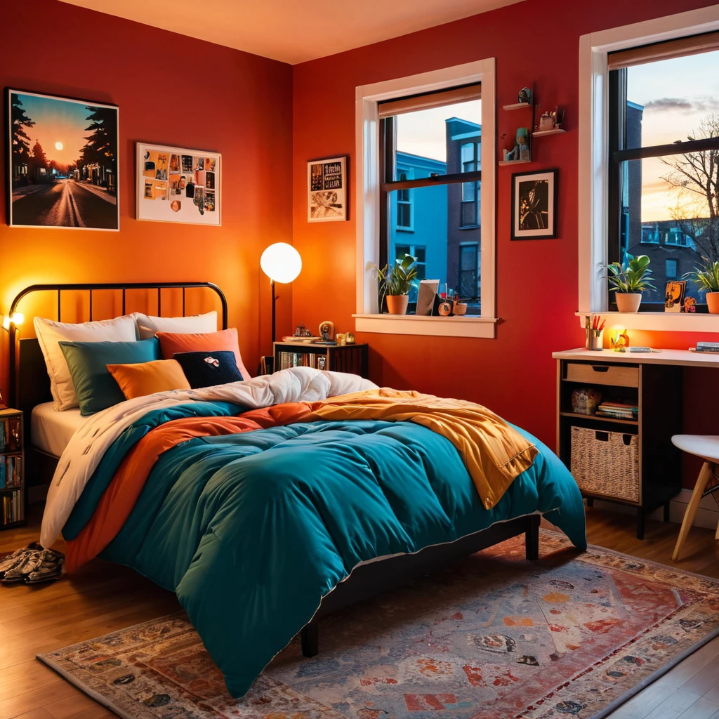 inside of a rebel teenagers room, there is a bed with a comforter, radiant evening light