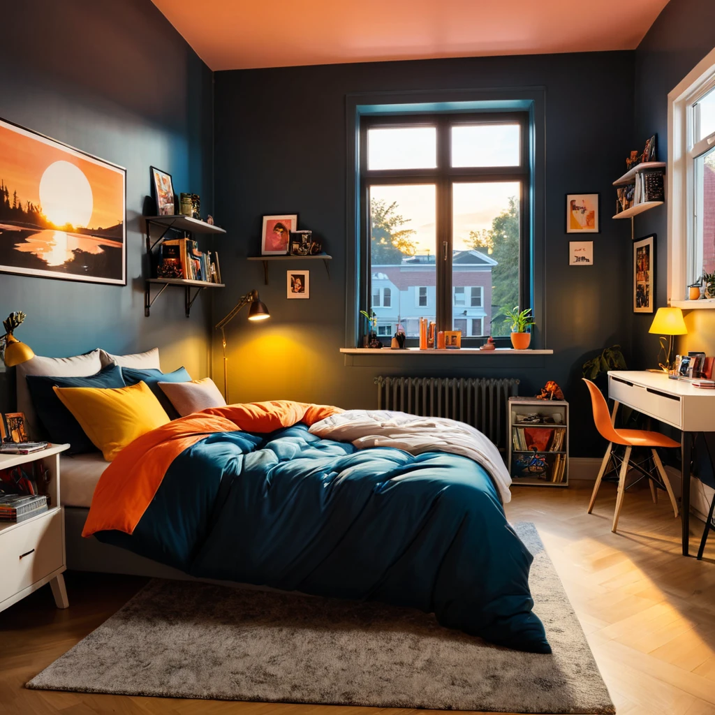 inside of a rap music lover agers room, there is a bed with a comforter, radiant evening light