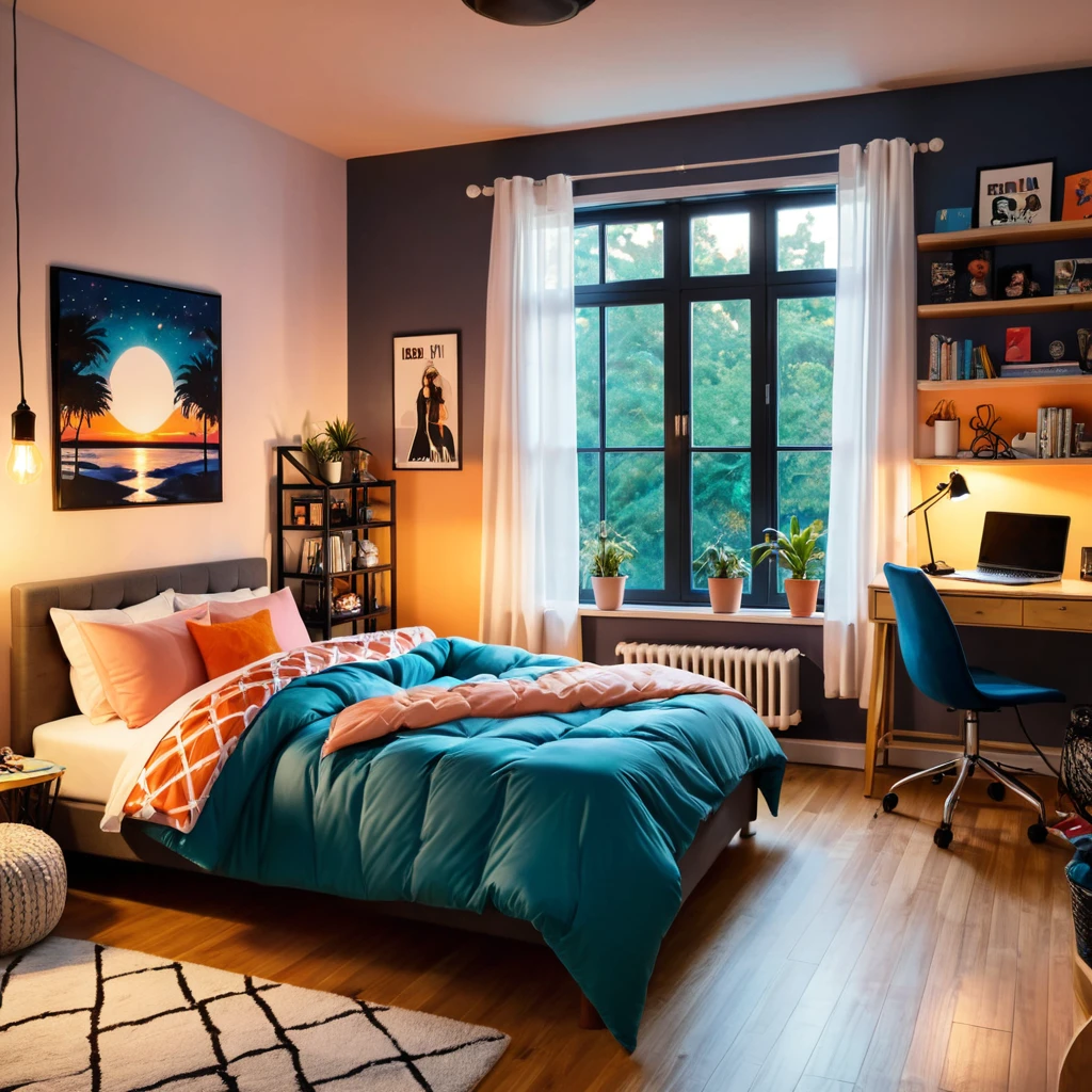 inside of a rebel teenagers room, there is a bed with a comforter, radiant evening light