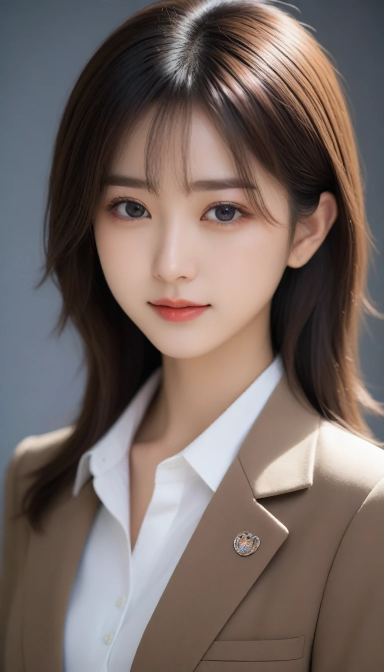 8K, Ultra-high resolution, Highest quality, masterpiece, 三分割法によるphotograph,Surreal, photograph, 1 Girl, (16 years old:1.3), pretty girl, Cute face, Beautiful eyes in every detail, 細かくdetailedに,masterpiece,One Girl:1.2, Japan Female Announcer,Tabletop,glaring,light brown disheveled hair,Blazer uniform,White collared blouse,The buttons on the chest are open,Sharp focus、Perfect dynamic composition、Beautiful and detailed、Thin Hair、Detailed real skin texture、smile、Close-up portrait、Model Body Type,Looking at the audience、beauty,Long neck、(((Ideal body type))),A cup small breasts :2,、Portraiture:2、Perfect Anatomy、なdetailed、detailed、Surreal、Light and shadow,Strong light