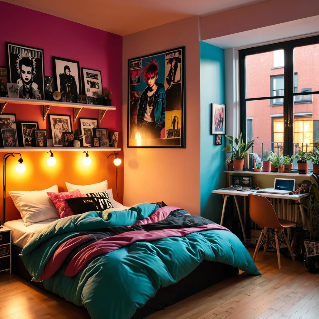inside of a punk agers room, there is a bed with a comforter, radiant evening light