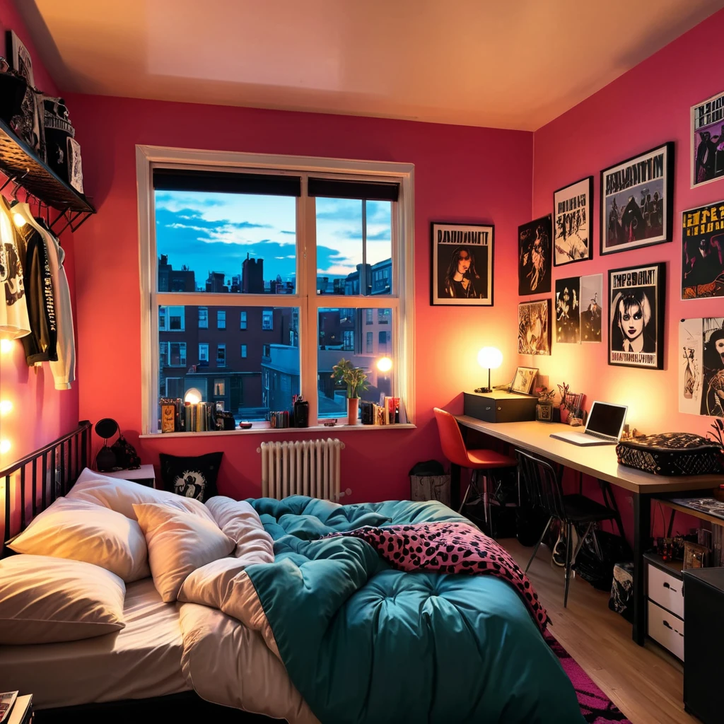 inside of a punk teenagers room, there is a bed with a comforter, radiant evening light