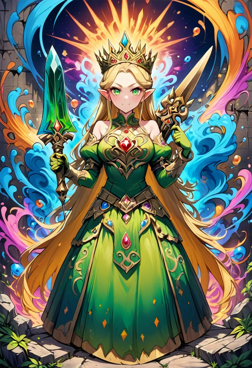 aa graffiti painting art on the wall of the castle of Princess Zelda on the wall of a castle, ,Princess Zelda (intense details, Masterpiece, best quality: 1.5), wearing intricate green dress, delicate diamond crown, ultra detailed face, ultra feminine, fair skin, exquisite beauty, gold hair, long hair, wavy hair, small pointed ears, dynamic eyes color, wearing heavy green and white armor, shinning metal, armed with elven sword, ais-graffiti, chumbasket art style, graffiti art
