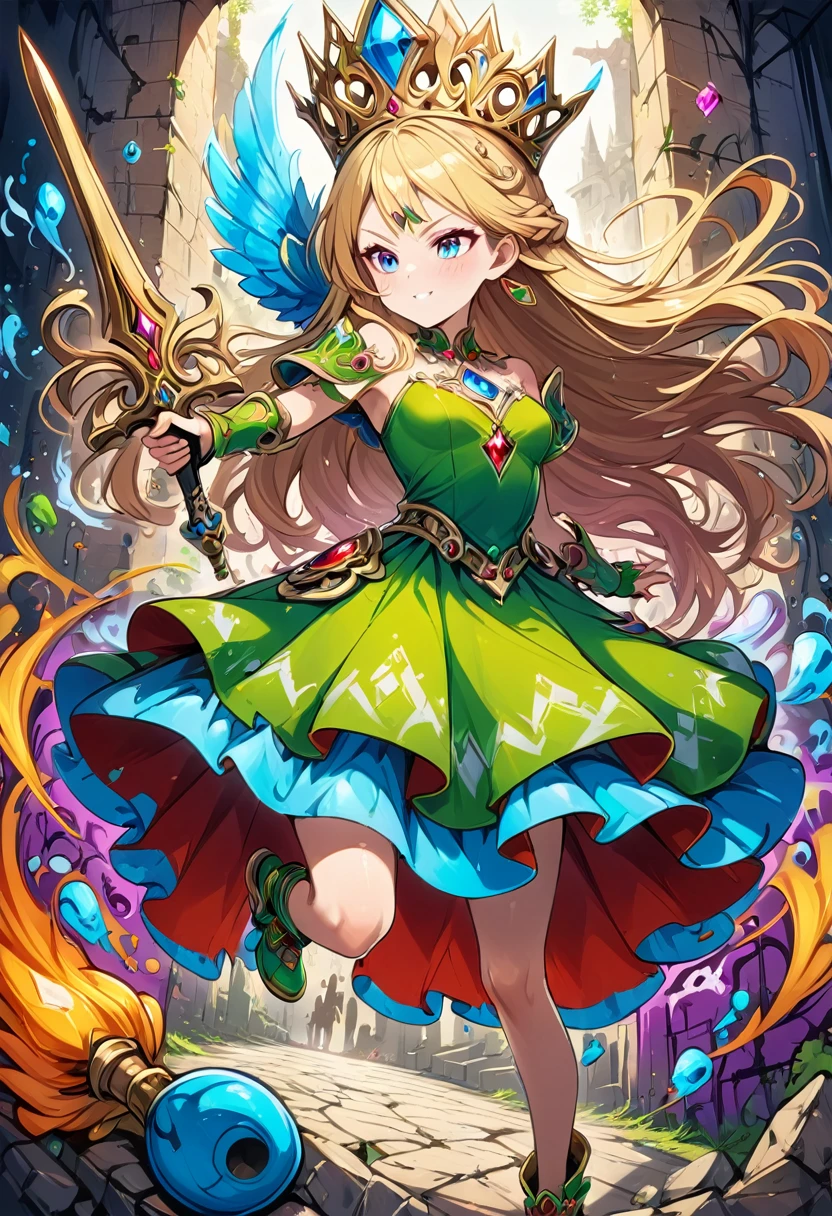 a graffiti painting art on the wall of the castle of Princess Zelda on the wall of a castle, ,Princess Zelda (intense details, Masterpiece, best quality: 1.5), wearing intricate green dress, delicate diamond crown, ultra detailed face, ultra feminine, fair skin, exquisite beauty, gold hair, long hair, wavy hair, small pointed ears, dynamic eyes color, wearing heavy green and white armor, shinning metal, armed with elven sword, ais-graffiti, chumbasket art style, graffiti art