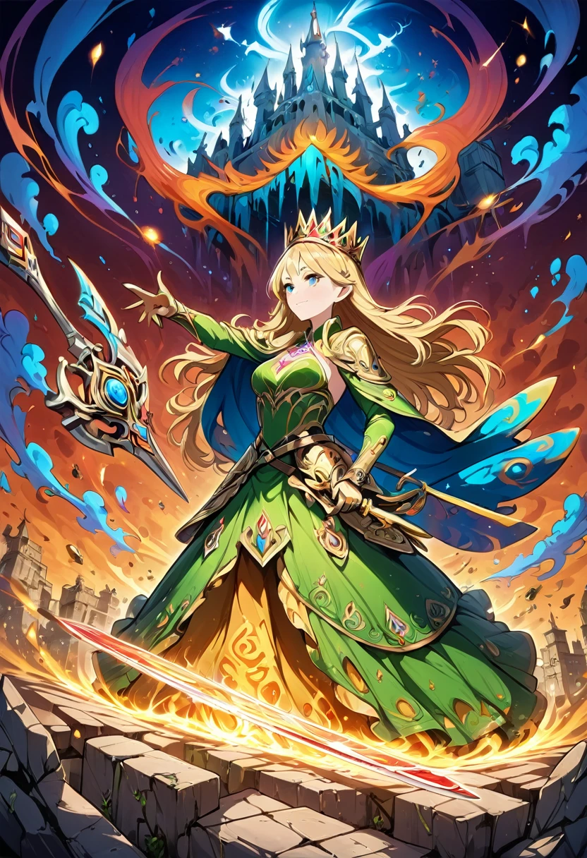 a graffiti painting art on the wall of the castle of Princess Zelda on the wall of a castle, ,Princess Zelda (intense details, Masterpiece, best quality: 1.5), wearing intricate green dress, delicate diamond crown, ultra detailed face, ultra feminine, fair skin, exquisite beauty, gold hair, long hair, wavy hair, small pointed ears, dynamic eyes color, wearing heavy green and white armor, shinning metal, armed with elven sword, ais-graffiti, chumbasket art style, graffiti art