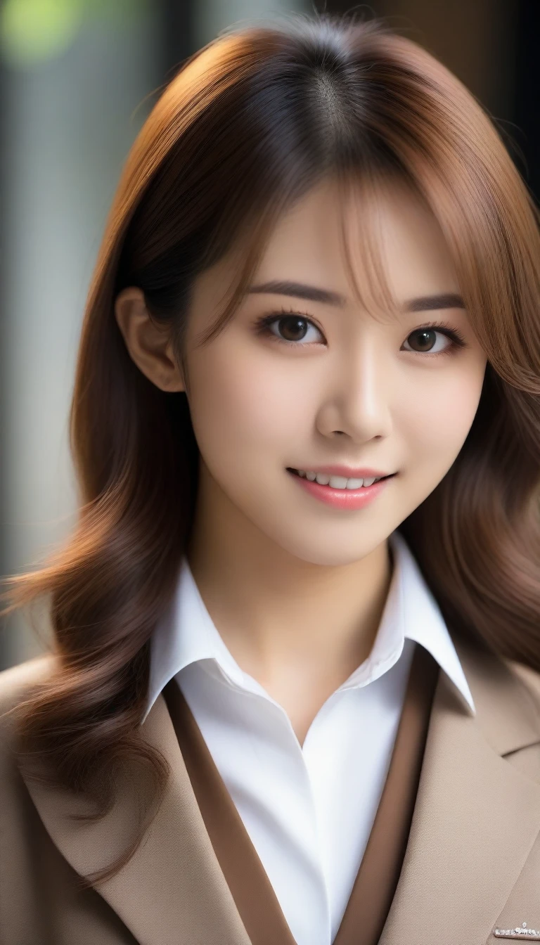 8K, Ultra-high resolution, Highest quality, masterpiece, 三分割法によるphotograph,Surreal, photograph, 1 Girl, (:1.3), pretty girl, Cute face, Beautiful eyes in every detail, 細かくdetailedに,masterpiece,One Girl:1.2, Japan Female Announcer,Tabletop,glaring,light brown disheveled hair,Blazer uniform,White collared blouse,The buttons on the chest are open,Sharp focus、Perfect dynamic composition、Beautiful and detailed、Thin Hair、Detailed real skin texture、smile、Close-up portrait、Model Body Type,Looking at the audience、beauty,Long neck、(((Ideal body type))),A cup small breasts :2,、Portraiture:2、Perfect Anatomy、なdetailed、detailed、Surreal、Light and shadow,Strong light