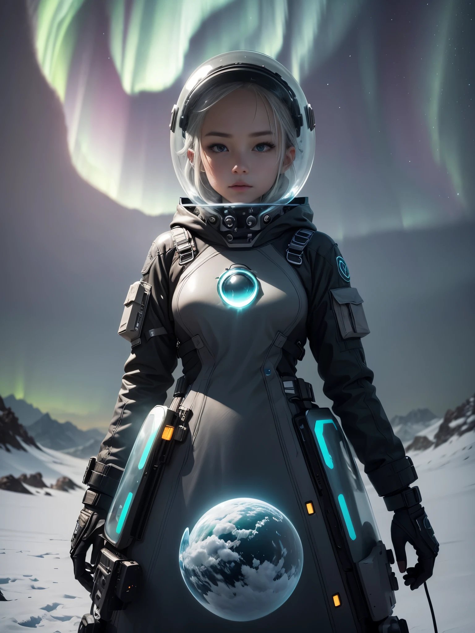 bubble space helmet, holding a future rifle, superpower, electricity, badass, Model shooting style, (Extremely detailed CG Unity 8K wallpaper),cyberpunk characters [Foggy Snow Mountain Landscape，Snow Mountain] Immerse yourself in the beautiful aurora，Living in the clouds of the starry sky，Behind the clouds，（Double contact：1.3），(The transparent and ethereal face of the girl blends into the aurora，Snow Mountain superimposes multiple elements and integrates the picture，photography：Brandon Woelfelmist，surreal dreamscape，Gray vibe，Rainy Day，That&#39;s it，Right of use，HDR，Surrealist art fantasy style，Epic digital fantasy art style，Beautiful sci-fi art, Sci-fi digital art illustration,Sci-fi digital painting, futuristic digital painting, futuristic concept art, Sci-fi Snow Mountain landscape front, Sci-fi digital art, Dreamy transparent ethereal girl portrait,