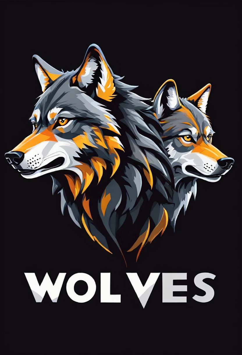 Design de camiseta de wolves, text logo: wolves, flat-colors, black backdrop,