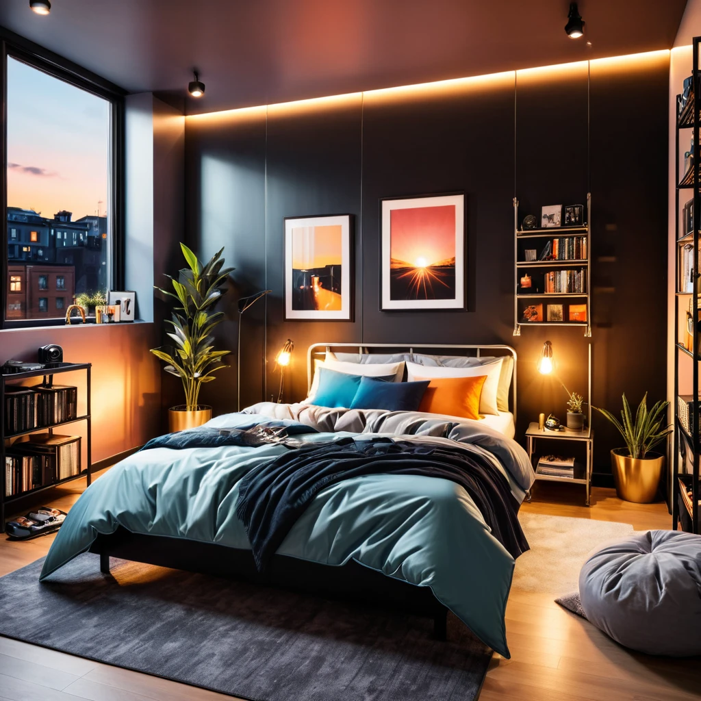 inside of a metal music lover teenagers room, there is a bed with a comforter, radiant evening light