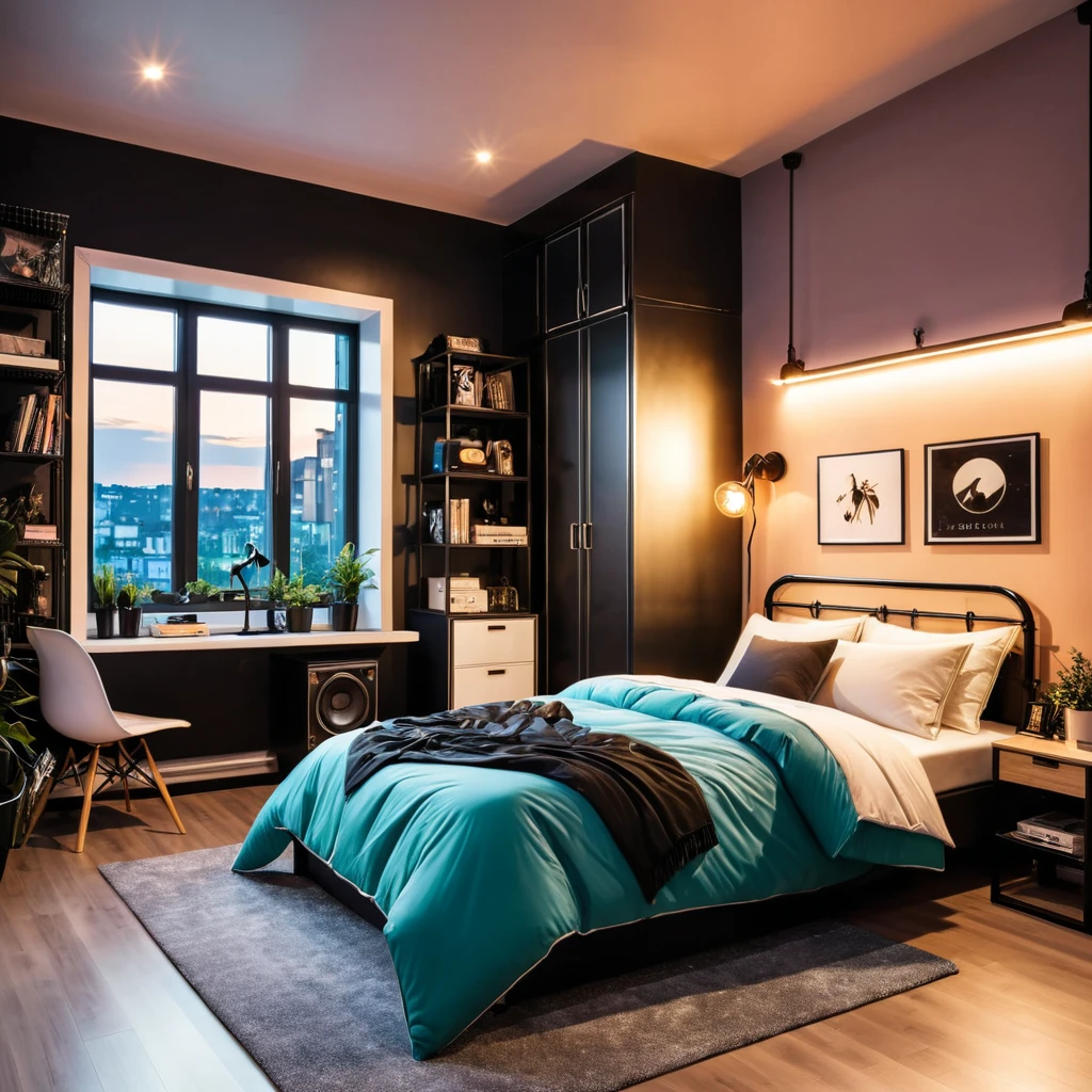 inside of a metal music lover agers room, there is a bed with a comforter, radiant evening light