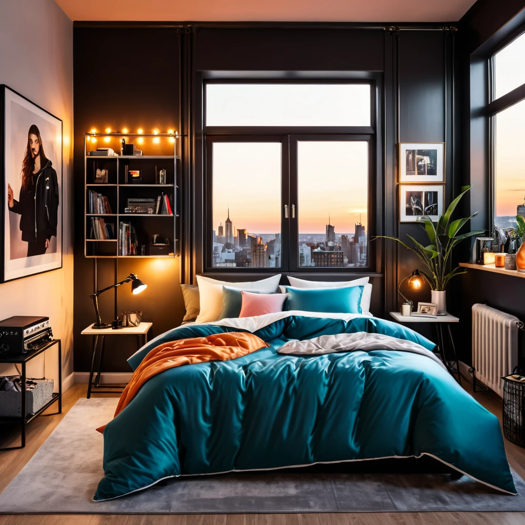 inside of a metal music lover teenagers room, there is a bed with a comforter, radiant evening light