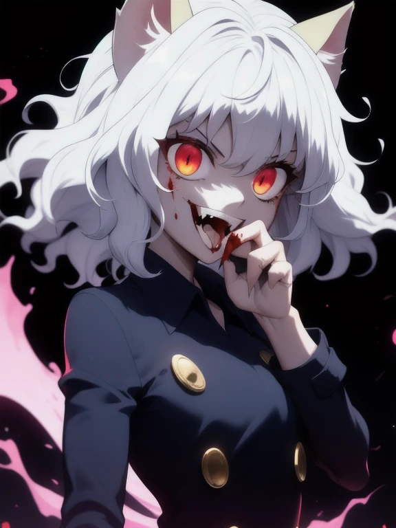 1girl, impitou, blue shirt, buttons, long sleeves, curly hair, glow red eyes, upper body, close-up, evil smile, open mouth, fangs, tongue out,, looking at viewer, claw pose, sharp fingernails, blood on face, blood, white aura, dark theme