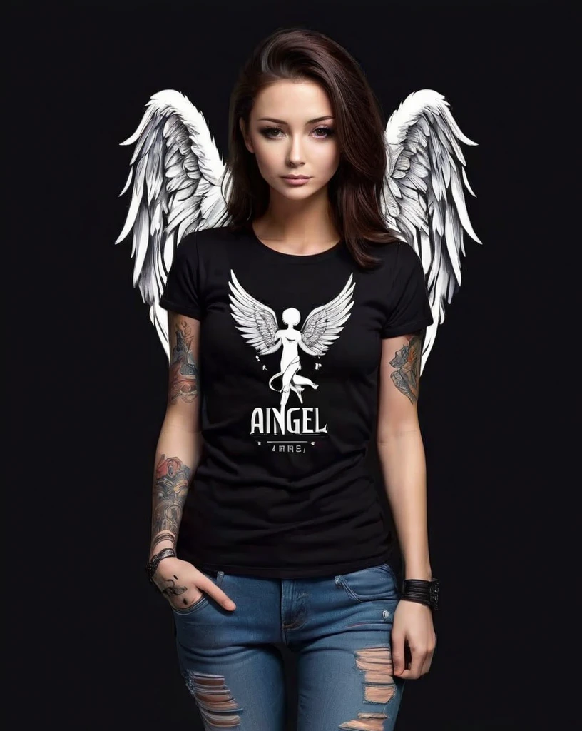 design de camiseta de angel, text logo: angel, flat-colors, Tattoo style, (black backdrop),