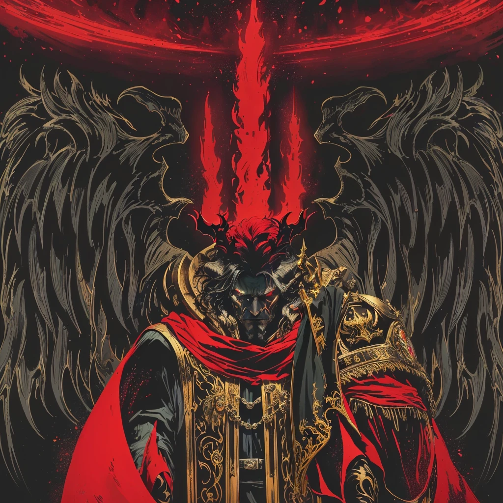 a close-up of a poster featuring a winged figure holding a sword, the divine emperor of humanity, high detailed official artwork, inspired by Castlevania, king of hell, portrait of emperor of mankind, warhammer 40k emperor of mankind, ruler of inferno, the king of hell, lord from hell on the throne, heavy metal t-shirt design, El Bosco e Dan Mumford, may the fire ring