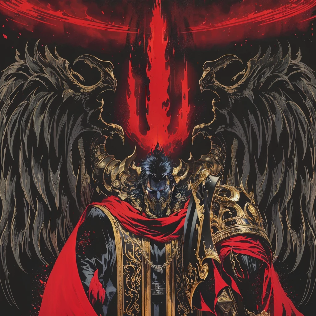 a close-up of a poster featuring a winged figure holding a sword, the divine emperor of humanity, high detailed official artwork, inspired by Castlevania, king of hell, portrait of emperor of mankind, warhammer 40k emperor of mankind, ruler of inferno, the king of hell, lord from hell on the throne, heavy metal t-shirt design, El Bosco e Dan Mumford, may the fire ring