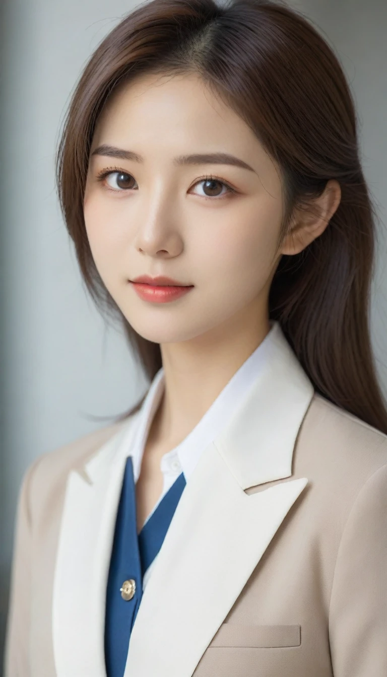 8K, Ultra-high resolution, Highest quality, masterpiece, 三分割法によるphotograph,Surreal, photograph, 1 Girl, (16 years old:1.3), pretty girl, Cute face, Beautiful eyes in every detail, 細かくdetailedに,masterpiece,One Girl:1.2, Japan Female Announcer,Tabletop,glaring,light brown disheveled hair,Blazer uniform,White collared blouse,The buttons on the chest are open,Sharp focus、Perfect dynamic composition、Beautiful and detailed、Thin Hair、Detailed real skin texture、smile、Close-up portrait、Model Body Type,Looking at the audience、beauty,Long neck、(((Ideal body type))),A cup small breasts :2,、Portraiture:2、Perfect Anatomy、なdetailed、detailed、Surreal、Light and shadow,Strong light