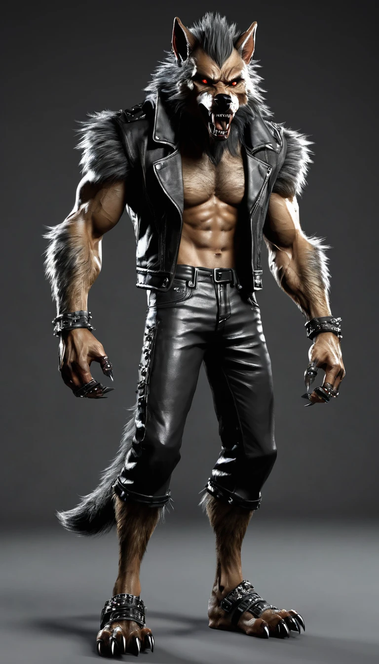 Create a werewolf character with full body werewolf face, with werewolf transformation claws and paws and futuristic items in modern times and create modern fashion. Front, side and back , showcasing the epitome of punkrock attitude