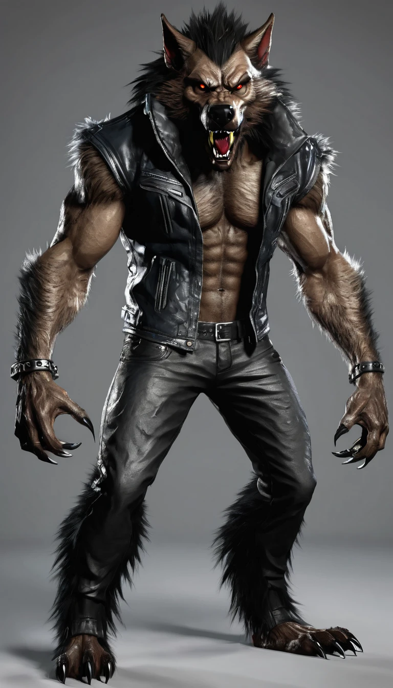 Create a werewolf character with full body werewolf face, with werewolf transformation claws and paws and futuristic items in modern times and create modern fashion. Front, side and back , showcasing the epitome of punkrock attitude