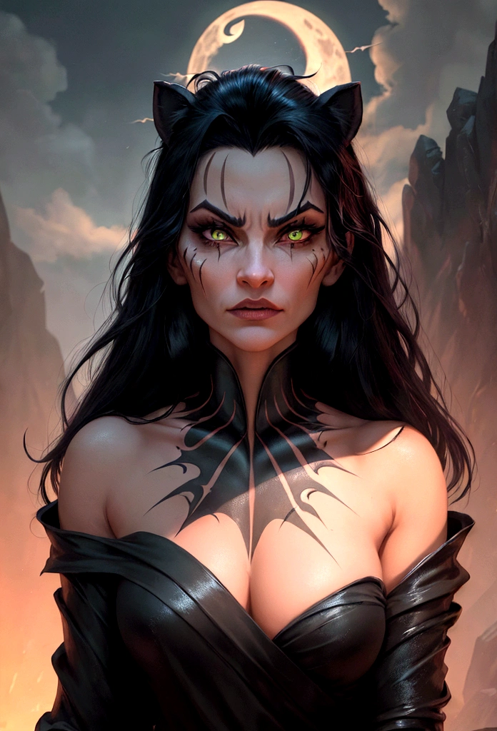 A close-up, stylized animated illustration focusing intently on the prominent, thick, jagged line running vertically across the left eye of the character Scar from the 1994 Disney film "The Lion King". This defining scar is the dominant and most striking feature, a bold, dramatic line cutting across Scar's piercing green eye. Details of his dark mane and slightly menacing expression with bared teeth are present, but the scar itself is the central focus, commanding the viewer's full attention. The atmospheric night landscape with a crescent moon in the background provides a moody, mysterious setting that heightens the intensity and significance of this iconic facial feature. The illustration style is reminiscent of the work of artist Chris Sanders, offering a unique and captivating interpretation that powerfully emphasizes this defining characteristic of the classic Disney villain.