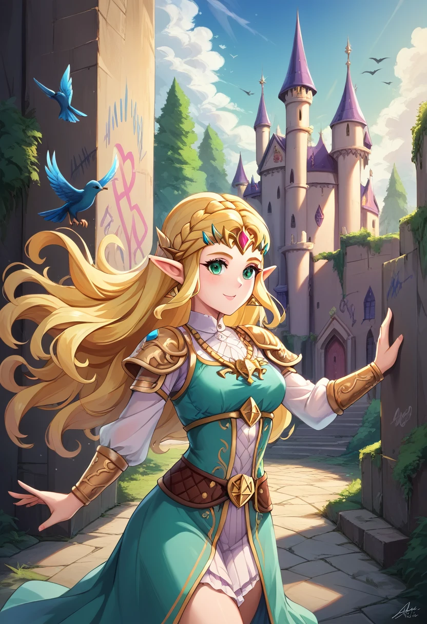 aa graffiti painting art on the wall of the castle of Princess Zelda on the wall of a castle, ,Princess Zelda (intense details, Masterpiece, best quality: 1.5), wearing intricate green dress, delicate diamond crown, ultra detailed face, ultra feminine, fair skin, exquisite beauty, gold hair, long hair, wavy hair, small pointed ears, dynamic eyes color, wearing heavy green and white armor, shinning metal, armed with elven sword, ais-graffiti, chumbasket art style, graffiti art
