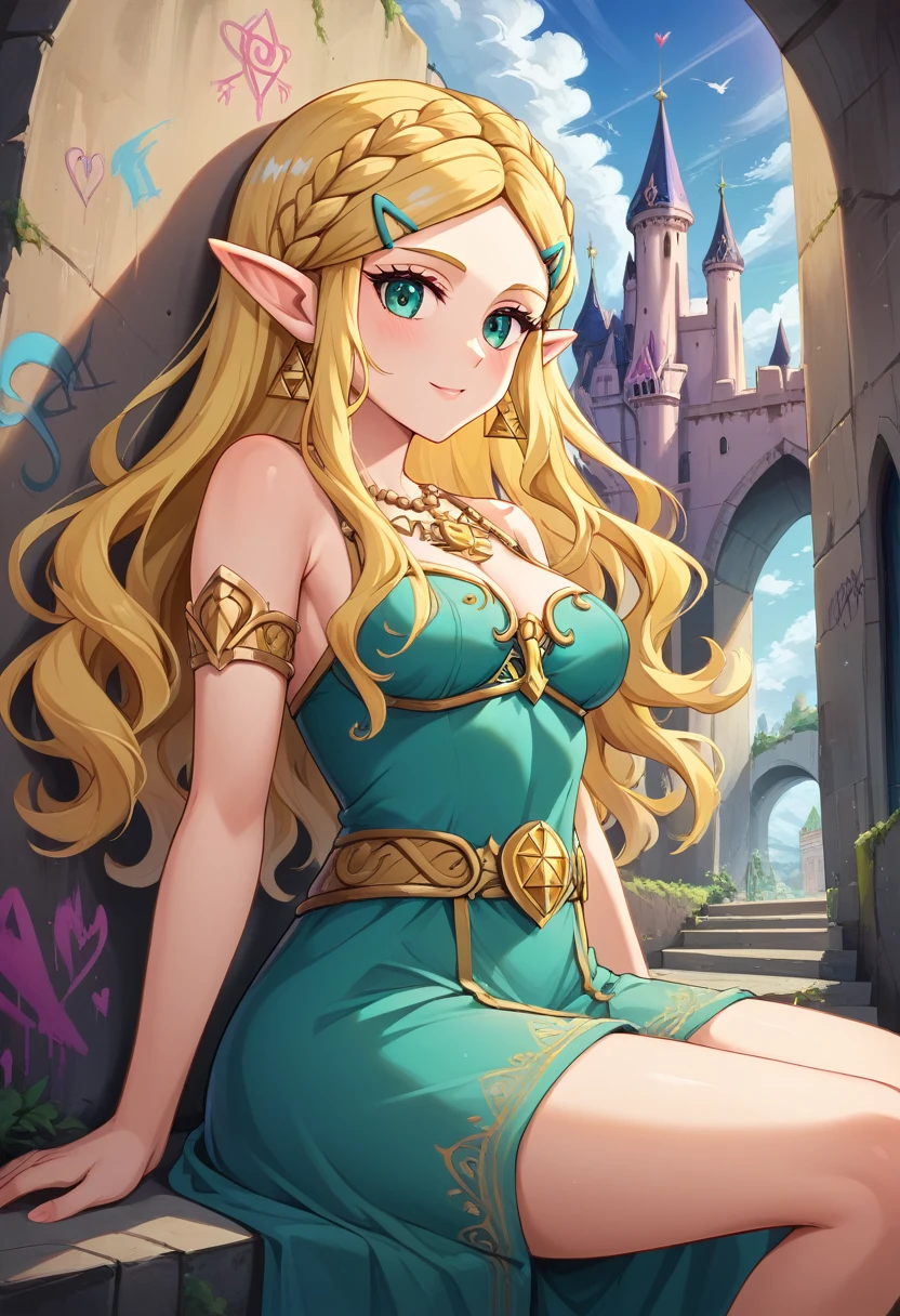 a ga graffiti painting art on the wall of the castle of Princess Zelda on the wall of a castle, ,Princess Zelda (intense details, Masterpiece, best quality: 1.5), wearing intricate green dress, delicate diamond crow, ultra detailed face, ultra feminine, fair skin, exquisite beauty, gold hair, long hair, wavy hair, small pointed ears, dynamic eyes color, wearing heavy green and white armor, shinning metal, armed with elven sword, ais-graffiti, chumbasket art style, graffiti art 