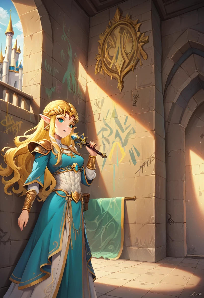 aa graffiti painting art on the wall of the castle of Princess Zelda on the wall of a castle, ,Princess Zelda (intense details, Masterpiece, best quality: 1.5), wearing intricate green dress, delicate diamond crown, ultra detailed face, ultra feminine, fair skin, exquisite beauty, gold hair, long hair, wavy hair, small pointed ears, dynamic eyes color, wearing heavy green and white armor, shinning metal, armed with elven sword, ais-graffiti, chumbasket art style, graffiti art
