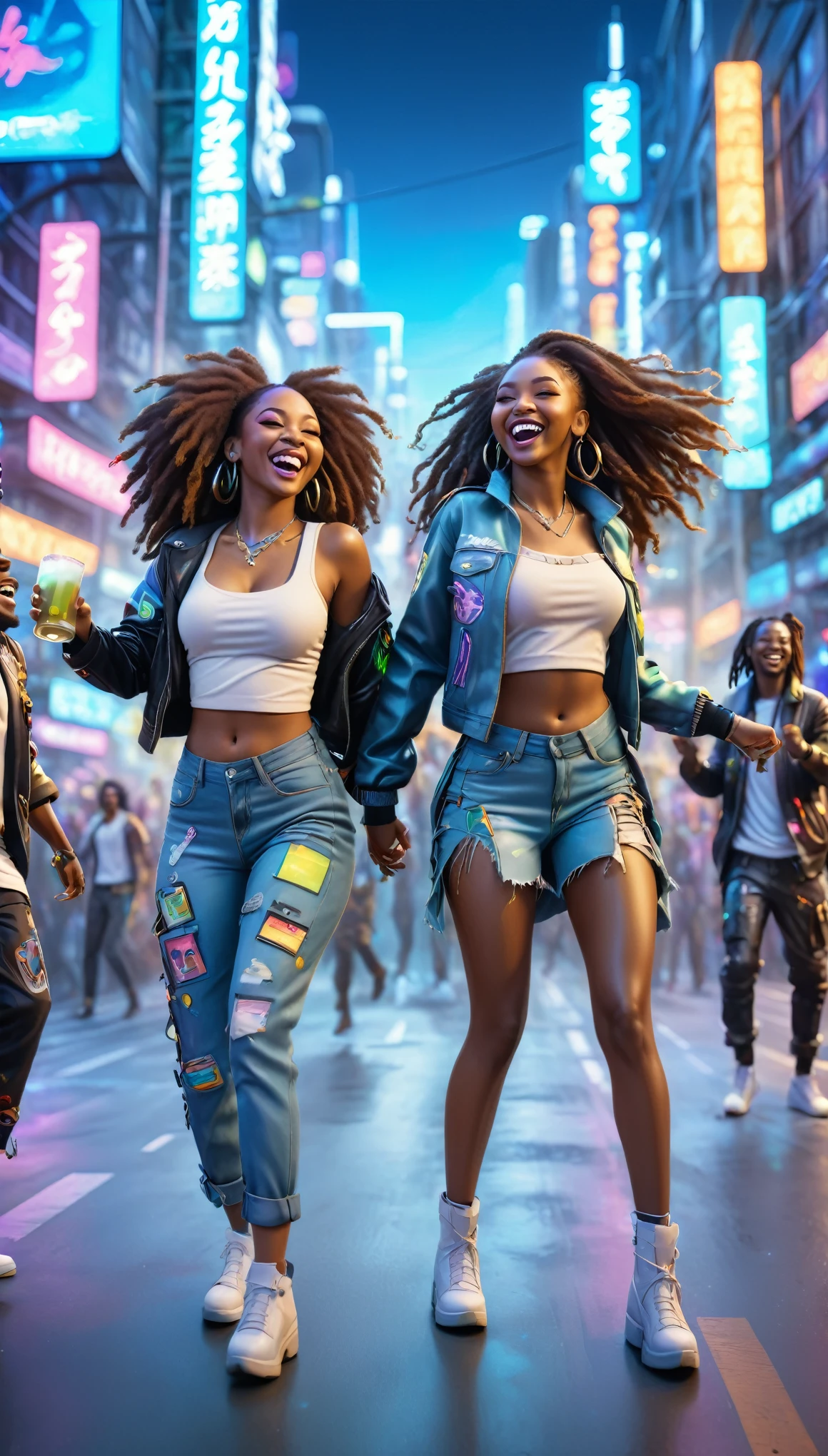 adult BLACK people dressed in urban clothes, In an urban landscape and holographic signs、HAPPY DANCING on the road. are drinking and laughing, The background is modern and cyberpunk, high tech vibe. Lovely Digital Painting, 3D rendering, Bright lighting, swirly vibrant colors. adult people, BEAUTIFUL black people, long  hair