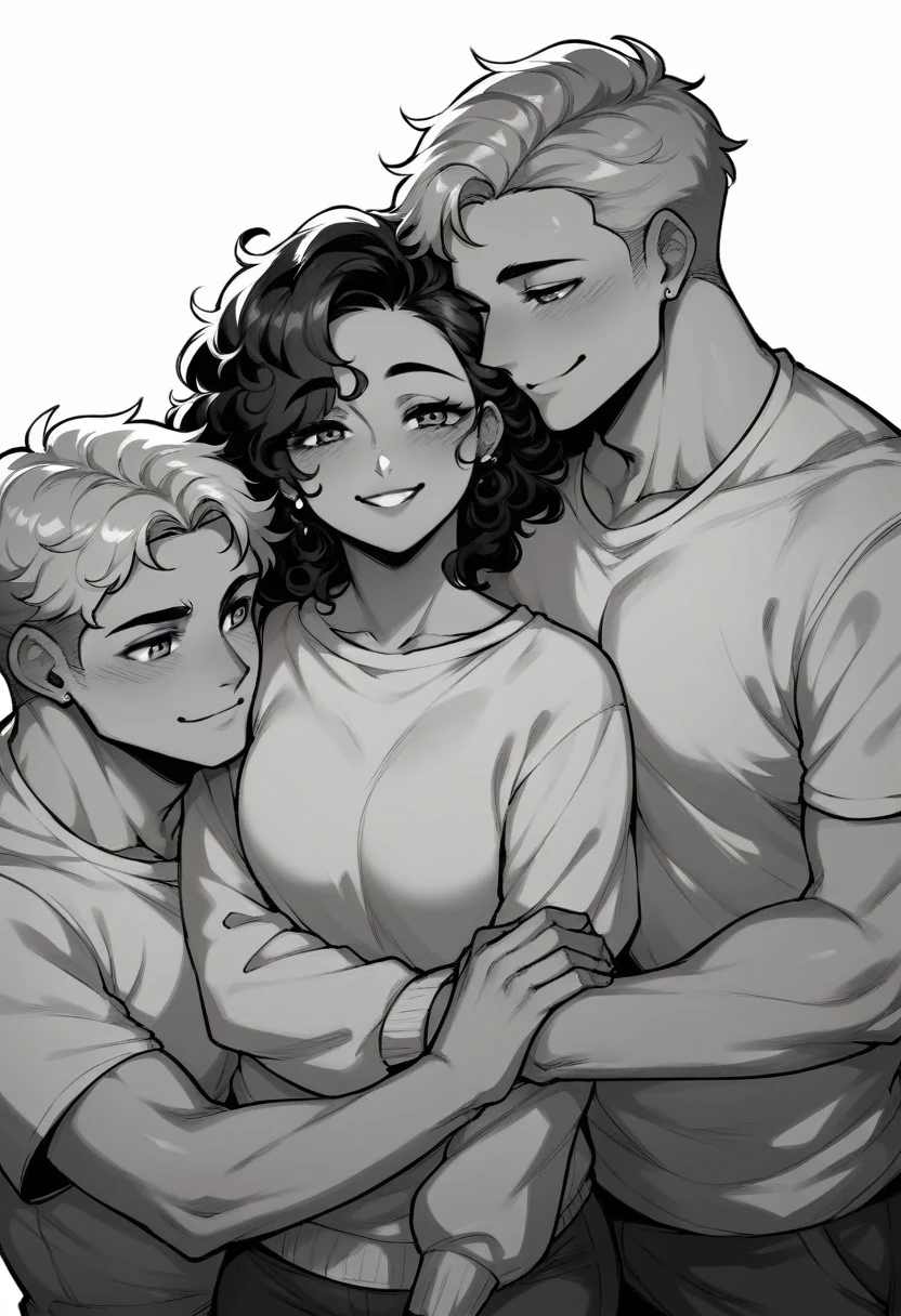 (best qualityer), 1 girl, (portraite), hight contrast, two young boys hugging , curly hair, one smiling, White background, monochrome, outline, greyscale, 
 