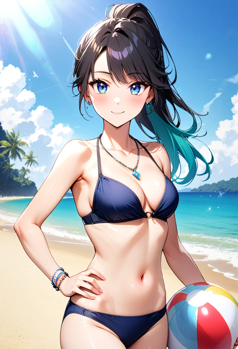 A woman, 21-years-old, solo, Caucasian, black hair, cyan hair, gradient hair, multicolored hair, ponytail, two-tone hair, blue eyes, cheerful smile, mature face, dark blue bikini top, dark blue bikini bottom, midriff, holding a beachball, beach, thin silver necklace, white bracelet, flat stomach