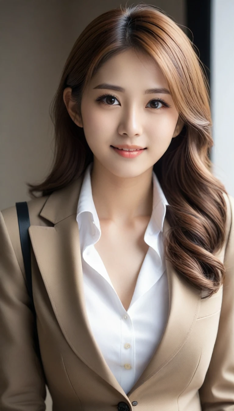 8K, Ultra-high resolution, Highest quality, masterpiece, 三分割法によるphotograph,Surreal, photograph, 1 Girl, (16 years old:1.3), pretty girl, Cute face, Beautiful eyes in every detail, 細かくdetailedに,masterpiece,One Girl:1.2, Japan Female Announcer,Tabletop,glaring,light brown disheveled hair,Blazer uniform,White collared blouse,The buttons on the chest are open,Sharp focus、Perfect dynamic composition、Beautiful and detailed、Thin Hair、Detailed real skin texture、smile、Close-up portrait、Model Body Type,Looking at the audience、beauty,Long neck、(((Ideal body type))),A cup small breasts :2,、Portraiture:2、Perfect Anatomy、なdetailed、detailed、Surreal、Light and shadow,Strong light
