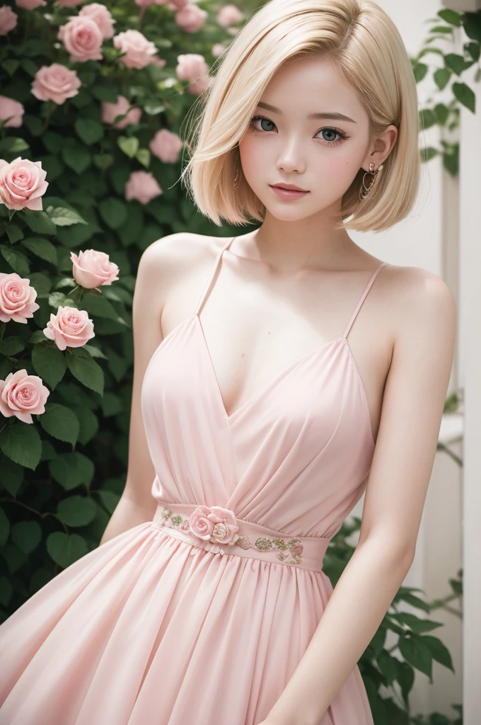 8K, CRU photo, Fujifilm, style photo of a beautiful young woman like Avril in a light pink rose garden (highly detailed skin: 1.2) Style-Petal BREAK short hair, blonde hair with colored highlights, wearing a dress, film grain, 35mm, cute style