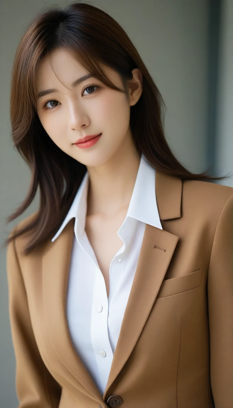 8K, Ultra-high resolution, Highest quality, masterpiece, 三分割法によるphotograph,Surreal, photograph, 1 Girl, (:1.3), pretty girl, Cute face, Beautiful eyes in every detail, 細かくdetailedに,masterpiece,One Girl:1.2, Japan Female Announcer,Tabletop,glaring,light brown disheveled hair,Blazer uniform,White collared blouse,The buttons on the chest are open,Sharp focus、Perfect dynamic composition、Beautiful and detailed、Thin Hair、Detailed real skin texture、smile、Close-up portrait、Model Body Type,Looking at the audience、beauty,Long neck、(((Ideal body type))),A cup small breasts :2,、Portraiture:2、Perfect Anatomy、なdetailed、detailed、Surreal、Light and shadow,Strong light