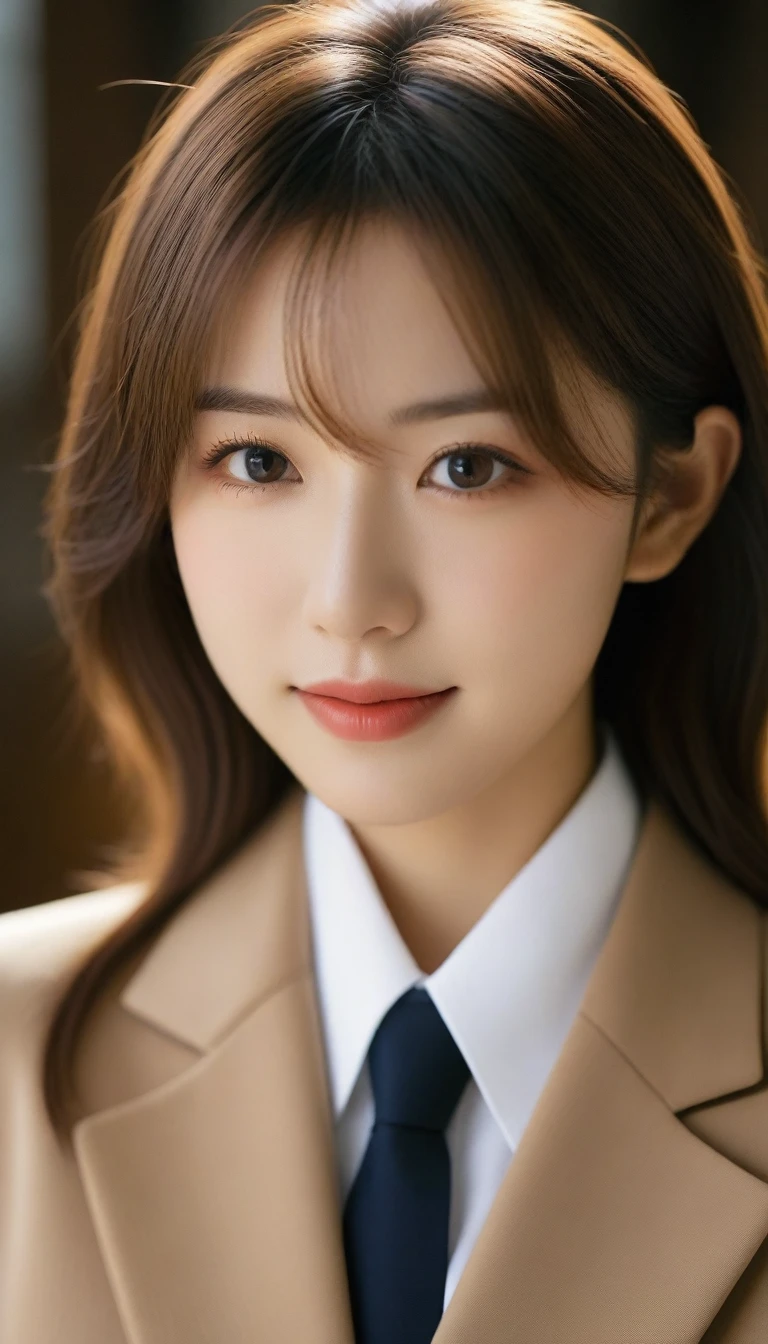 8K, Ultra-high resolution, Highest quality, masterpiece, 三分割法によるphotograph,Surreal, photograph, 1 Girl, (:1.3), pretty girl, Cute face, Beautiful eyes in every detail, 細かくdetailedに,masterpiece,One Girl:1.2, Japan Female Announcer,Tabletop,glaring,light brown disheveled hair,Blazer uniform,White collared blouse,The buttons on the chest are open,Sharp focus、Perfect dynamic composition、Beautiful and detailed、Thin Hair、Detailed real skin texture、smile、Close-up portrait、Model Body Type,Looking at the audience、beauty,Long neck、(((Ideal body type))),A cup small breasts :2,、Portraiture:2、Perfect Anatomy、なdetailed、detailed、Surreal、Light and shadow,Strong light