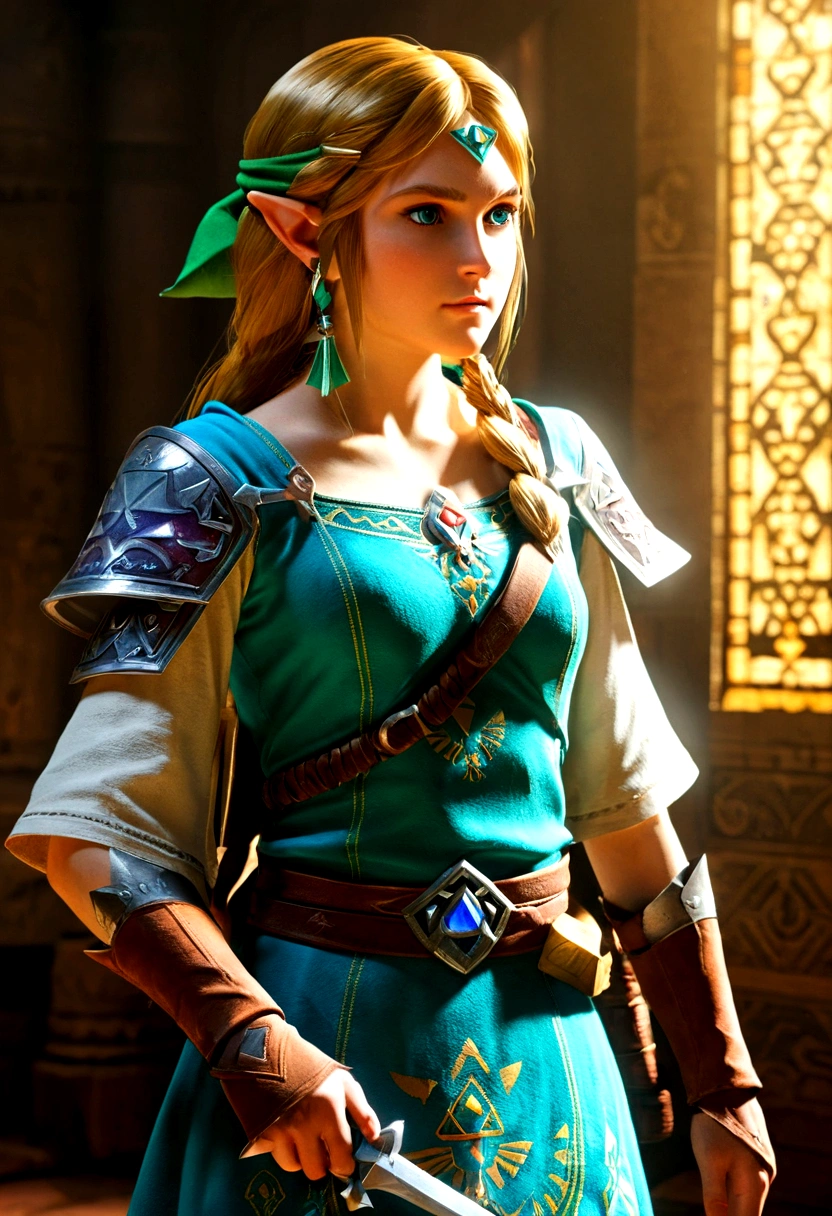 The Legend of Zelda, game style, by Anna Razumovskaya, full body, cinematic still, cinemascope, best quality, masterpiece, very aesthetic, perfect composition, intricate details, ultra-detailed, vivid colors