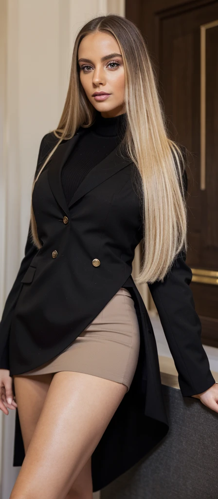 A realistic photo of beautiful italian business woman with professionnal black skirt suit, light makeup, long straight blonde hair, high quality, very detailed, perfect fit, looking at the camera 