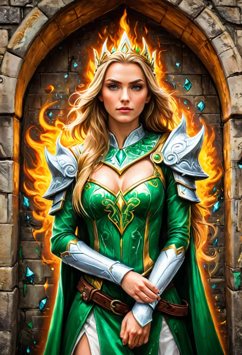 a graffiti painting art on the wall of the castle of the elf Princess Zelda on the wall of a castle, Princess Zelda (intense details, Masterpiece, best quality: 1.5), wearing intricate green dress, delicate diamond crow, ultra detailed face, ultra feminine, fair skin, exquisite beauty, gold hair, long hair, wavy hair, small pointed ears, dynamic eyes color, wearing heavy green and white armor, shinning metal, armed with elven sword, ais-graffiti, chumbasket art style, graffiti art
