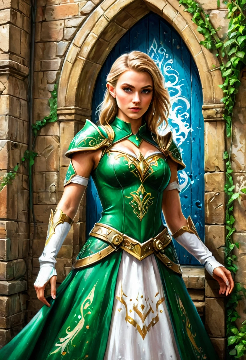a graffiti painting art on the wall of the castle of the elf Princess Zelda on the wall of a castle, Princess Zelda (intense details, Masterpiece, best quality: 1.5), wearing intricate green dress, delicate diamond crow, ultra detailed face, ultra feminine, fair skin, exquisite beauty, gold hair, long hair, wavy hair, small pointed ears, dynamic eyes color, wearing heavy green and white armor, shinning metal, armed with elven sword, ais-graffiti, chumbasket art style, graffiti art 