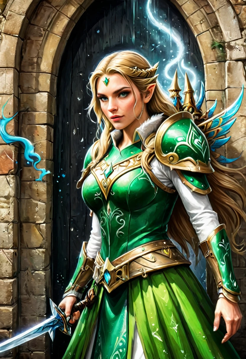 a graffiti painting art on the wall of the castle of the elf Princess Zelda on the wall of a castle, Princess Zelda (intense details, Masterpiece, best quality: 1.5), wearing intricate green dress, delicate diamond crow, ultra detailed face, ultra feminine, fair skin, exquisite beauty, gold hair, long hair, wavy hair, small pointed ears, dynamic eyes color, wearing heavy green and white armor, shinning metal, armed with elven sword, ais-graffiti, chumbasket art style, graffiti art