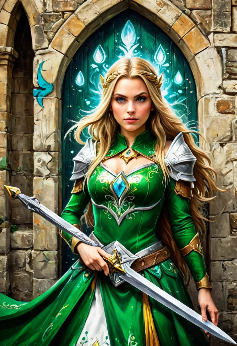 a graffiti painting art on the wall of the castle of the elf Princess Zelda on the wall of a castle, Princess Zelda (intense details, Masterpiece, best quality: 1.5), wearing intricate green dress, delicate diamond crow, ultra detailed face, ultra feminine, fair skin, exquisite beauty, gold hair, long hair, wavy hair, small pointed ears, dynamic eyes color, wearing heavy green and white armor, shinning metal, armed with elven sword, ais-graffiti, chumbasket art style, graffiti art 