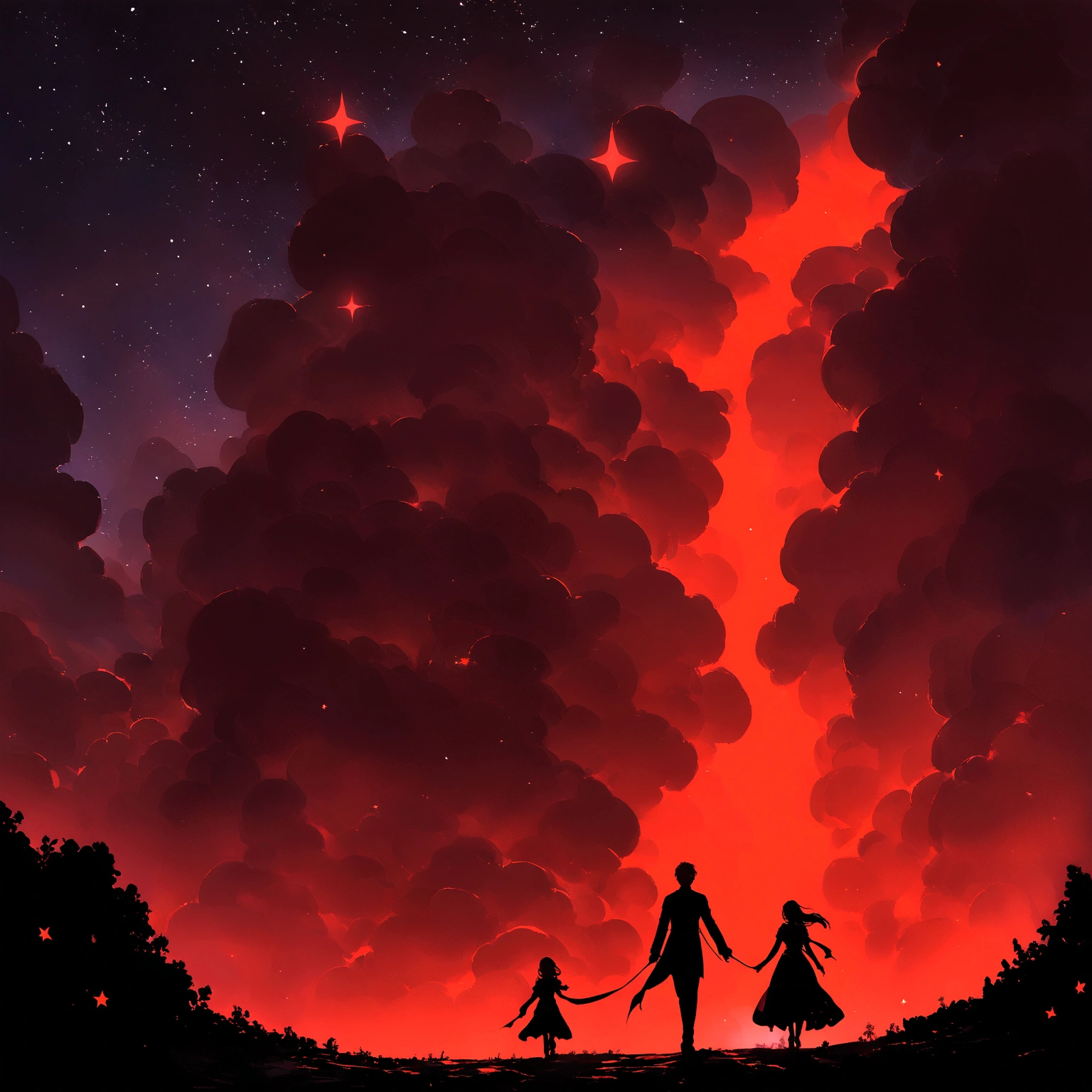 A red silhouette walking on a night with few stars