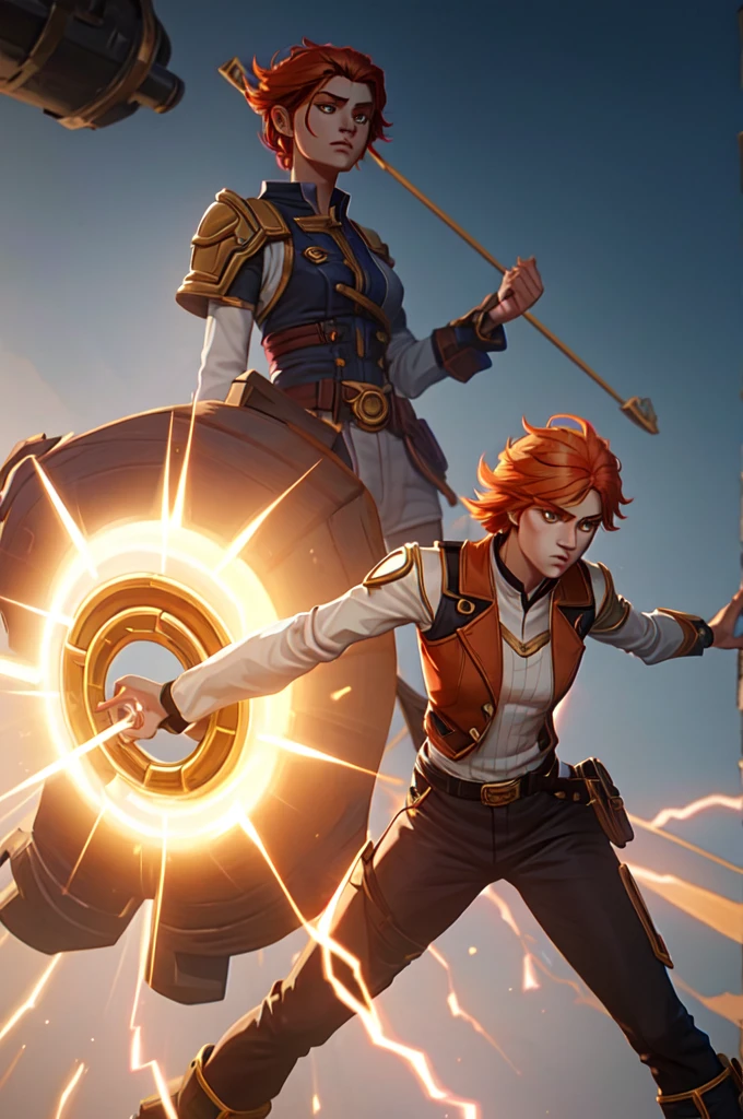 Estilo Arcane (league of Legends), a woman wearing black pants and gold details with high boots, a white shirt with long, wide sleeves and slightly wavy light pastel orange hair with brown eyes. sonríendo levemente.