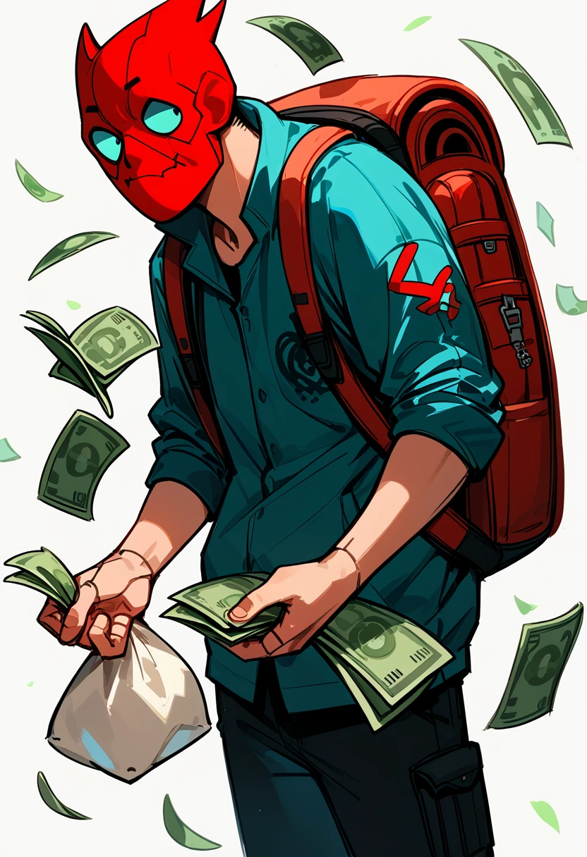 A man wearing a Guy Fawkes hacker mask with a suspicious look, carrying a large backpack on his back, and prominently holding a bag of money in his hand. The character is looking straight ahead with a more anonymous and shadowy appearance. A digital thief. 1man, Guy Fawkes hacker mask, suspicious look, large backpack, bag of money, digital thief, cartoon style, comic book, vibrant colors, cel shading, dynamic pose, detailed illustration, dramatic lighting, cyberpunk theme, sketch, inked lines, focus on hand holding money bag, looking forward, shadowy, anonymous
