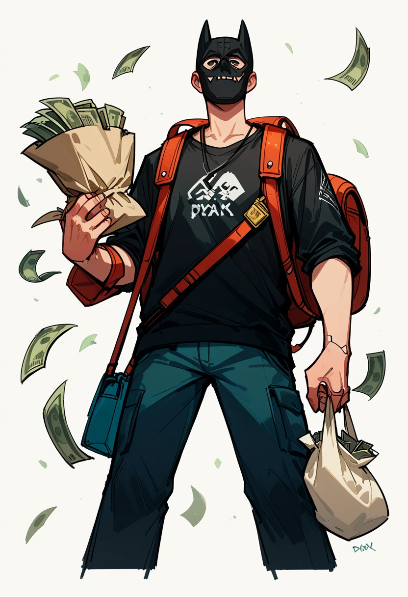 A man wearing a Guy Fawkes hacker mask with a suspicious look, carrying a large backpack on his back, and prominently holding a bag of money in his hand. The character is looking straight ahead with a more anonymous and shadowy appearance. A digital thief. 1man, Guy Fawkes hacker mask, suspicious look, large backpack, bag of money, digital thief, cartoon style, comic book, vibrant colors, cel shading, dynamic pose, detailed illustration, dramatic lighting, cyberpunk theme, sketch, inked lines, focus on hand holding money bag, looking forward, shadowy, anonymous