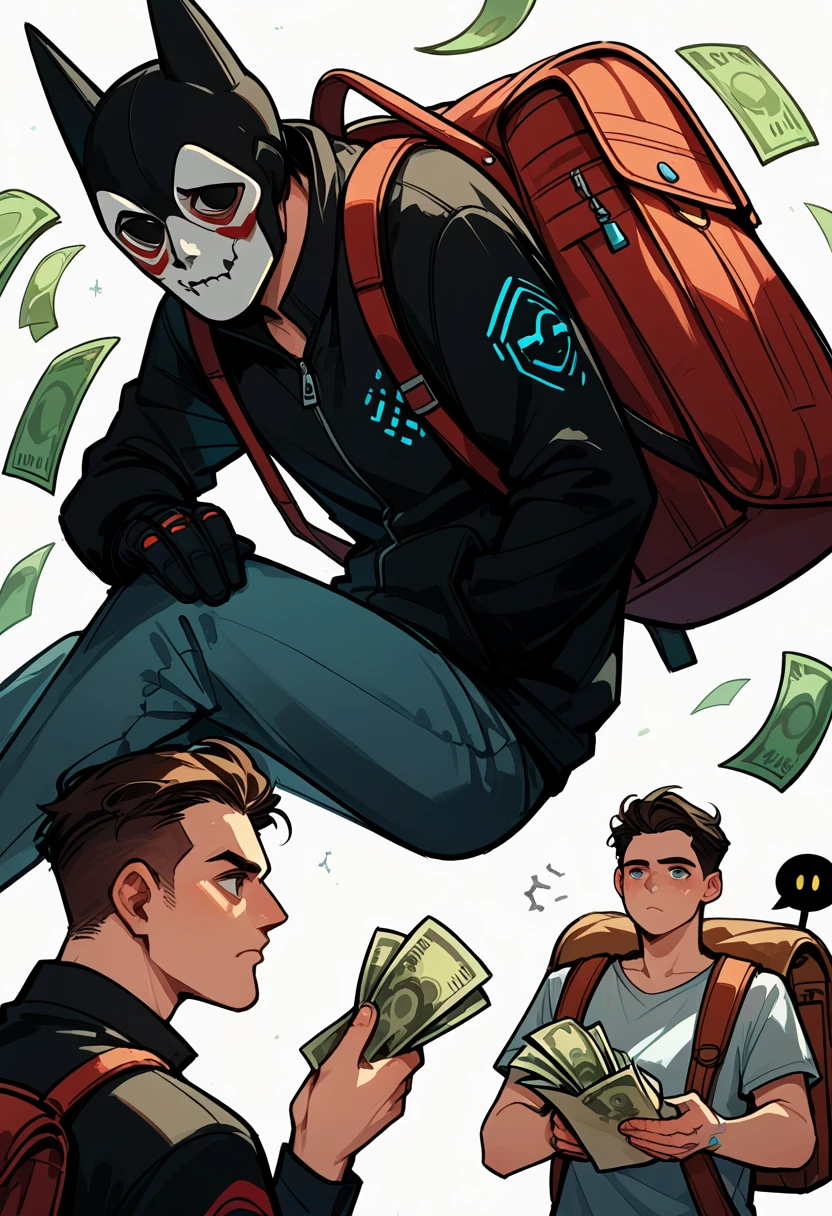 A man wearing a Guy Fawkes hacker mask with a suspicious look, carrying a large backpack on his back, and prominently holding a bag of money in his hand. The character is looking straight ahead with a more anonymous and shadowy appearance. A digital thief. 1man, Guy Fawkes hacker mask, suspicious look, large backpack, bag of money, digital thief, cartoon style, comic book, vibrant colors, cel shading, dynamic pose, detailed illustration, dramatic lighting, cyberpunk theme, sketch, inked lines, focus on hand holding money bag, looking forward, shadowy, anonymous