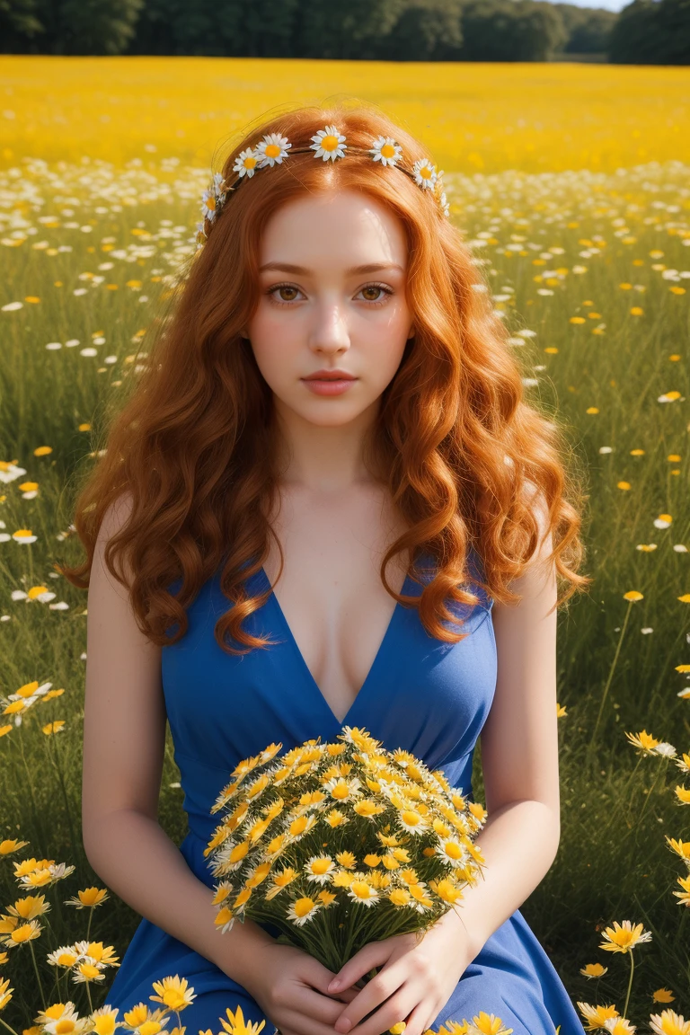 (girl:1.2),alone, (long curly ginger hair:1.1), Brown eyes, Wear a crown of daisies on your head., Sit in a field of daisies, (Fruit basquet:1.1), blue pantyhose, Red shirt,,RAW,photographic,photographic shadows,actual,ridiculous,aesthetic,elegant, nude
